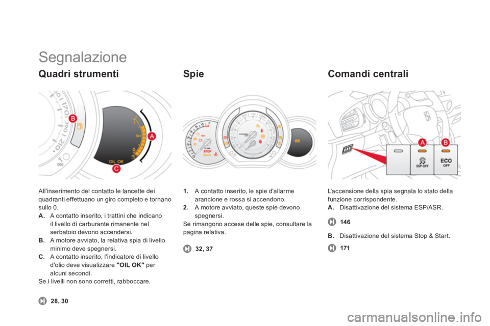 CITROEN DS3 2013  Libretti Di Uso E manutenzione (in Italian)   Segnalazione 
 Allinserimento del contatto le lancette dei 
quadranti effettuano un giro completo e tornano sullo 0.A.    A contatto inserito, i trattini che indicano il livello di carburante riman