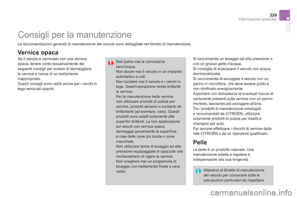 CITROEN DS3 2013  Libretti Di Uso E manutenzione (in Italian) 229Informazioni pratiche
Vernice opaca 
   
Si raccomanda un lavaggio ad alta pressione o con un grosso getto dacqua. 
 Si consiglia di sciacquare il veicolo con acqua 
demineralizzata. 
 Si raccoman
