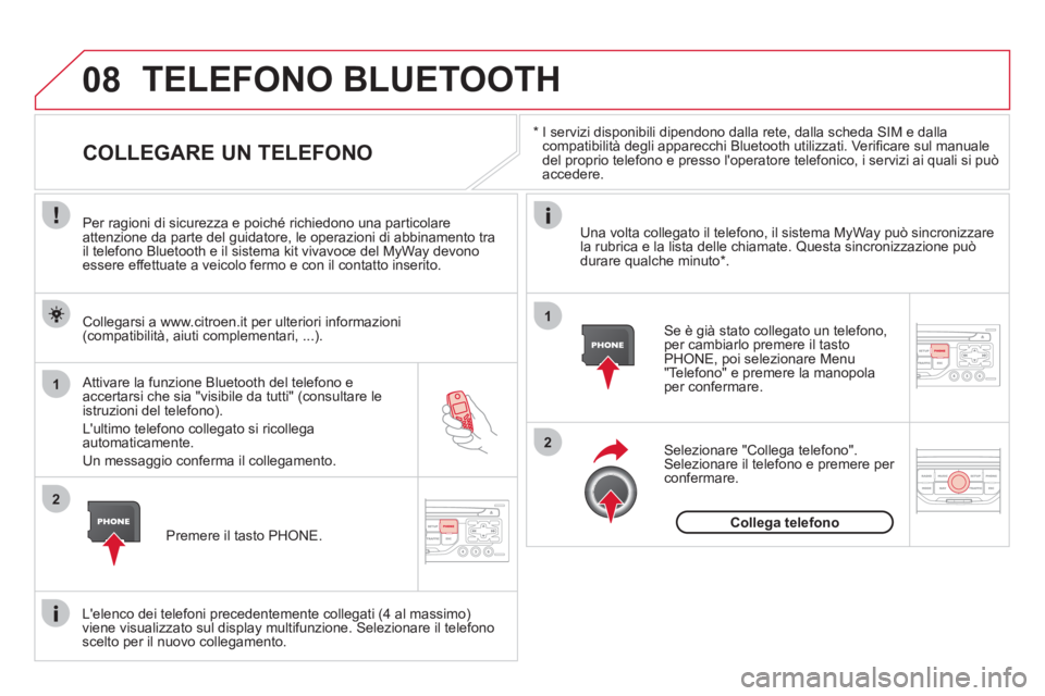 CITROEN DS3 2013  Libretti Di Uso E manutenzione (in Italian) 08
1
2
2
1
   * 
 
  I servizi disponibili dipendono dalla rete, dalla scheda SIM e dallacompatibilità degli apparecchi Bluetooth utilizzati. Veriﬁ care sul manuale 
del proprio telefono e presso l