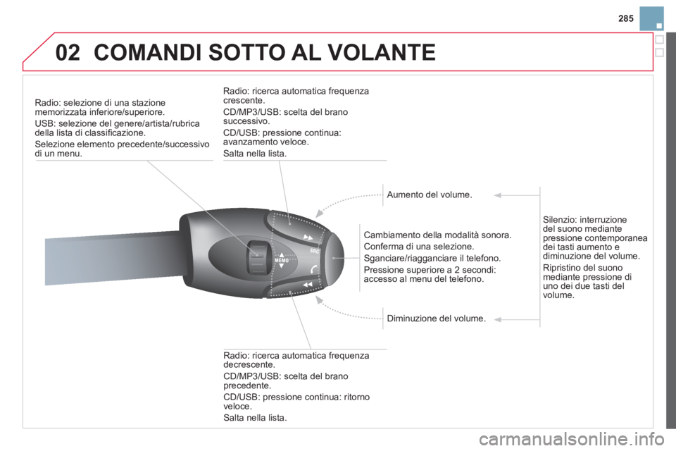 CITROEN DS3 2013  Libretti Di Uso E manutenzione (in Italian) 285
02COMANDI SOTTO AL VOLANTE
Radio: selezione di una stazione 
memorizzata inferiore/superiore. 
USB: selezione del 
genere/artista/rubrica della lista di classiﬁ cazione.
Selezione elemento prece