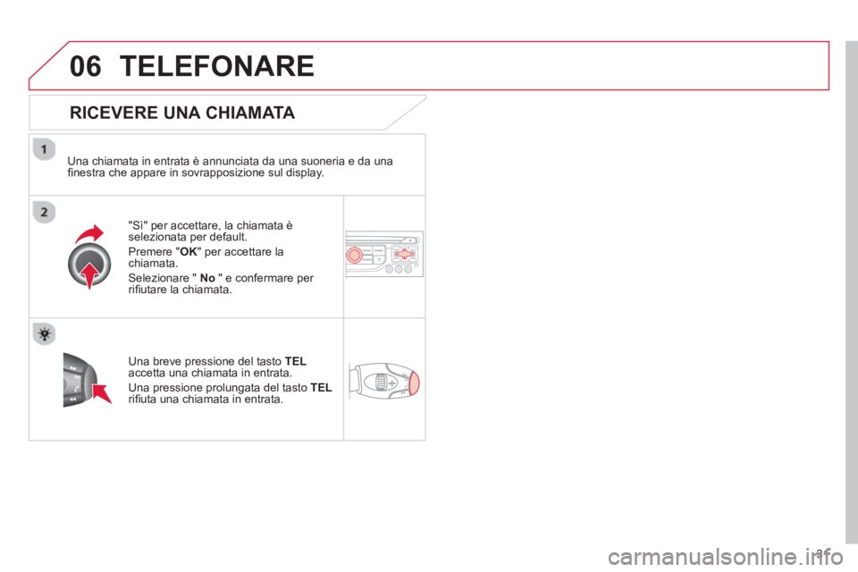 CITROEN DS3 2013 Libretti Di Uso E manutenzione (in Italian) 31
06TELEFONARE
RICEVERE UNA CHIAMATA
Una chiamata in entrata è annunciata da una suoneria e da una
fi nestra che appare in sovrapposizione sul display.
"Sì"
per accettare, la chiamata è CITROEN DS3 2013 Libretti Di Uso E manutenzione (in Italian) 31
06TELEFONARE
RICEVERE UNA CHIAMATA
Una chiamata in entrata è annunciata da una suoneria e da una
fi nestra che appare in sovrapposizione sul display.
"Sì"
per accettare, la chiamata è