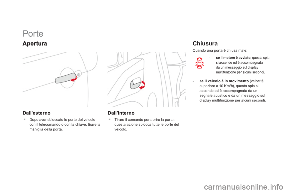 CITROEN DS3 2013  Libretti Di Uso E manutenzione (in Italian)    
 
 
 
 
 
 
 
 
 
 
Por te 
Dallesterno 
�)Dopo aver sbloccato le por te del veicolocon il telecomando o con la chiave, tirare la maniglia della por ta.
 
 
 
Dallinterno
�) 
  Tirare il comando