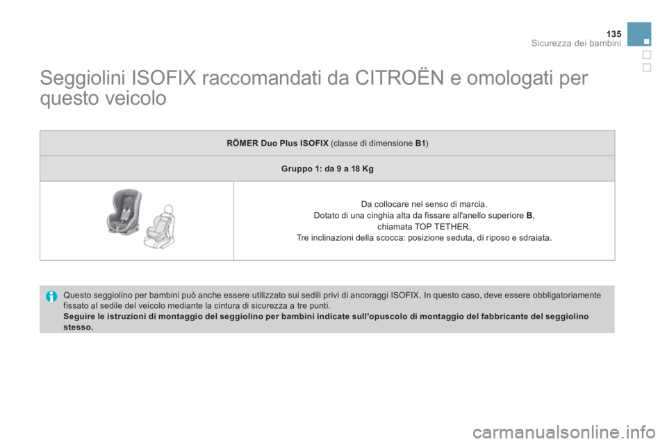 CITROEN DS3 2011 Libretti Di Uso E manutenzione (in Italian) 135Sicurezza dei bambini
Seggiolini ISOFIX raccomandati da CITROËN e omologati per
questo veicolo
Questo seggiolino per bambini può anche essere utilizzato sui sedili privi di CITROEN DS3 2011 Libretti Di Uso E manutenzione (in Italian) 135Sicurezza dei bambini
Seggiolini ISOFIX raccomandati da CITROËN e omologati per
questo veicolo
Questo seggiolino per bambini può anche essere utilizzato sui sedili privi di