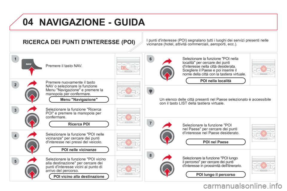 CITROEN DS3 2011  Libretti Di Uso E manutenzione (in Italian) 04
8
6
7
4
3
5
2
1
  NAVIGAZIONE - GUIDA 
 
 
RICERCA DEI PUNTI DINTERESSE (POI) 
 
 
Premere il tasto NAV.  
   
Premere nuovamente il tasto 
NAV o selezionare la funzione 
Menu "Navigazione" e prem