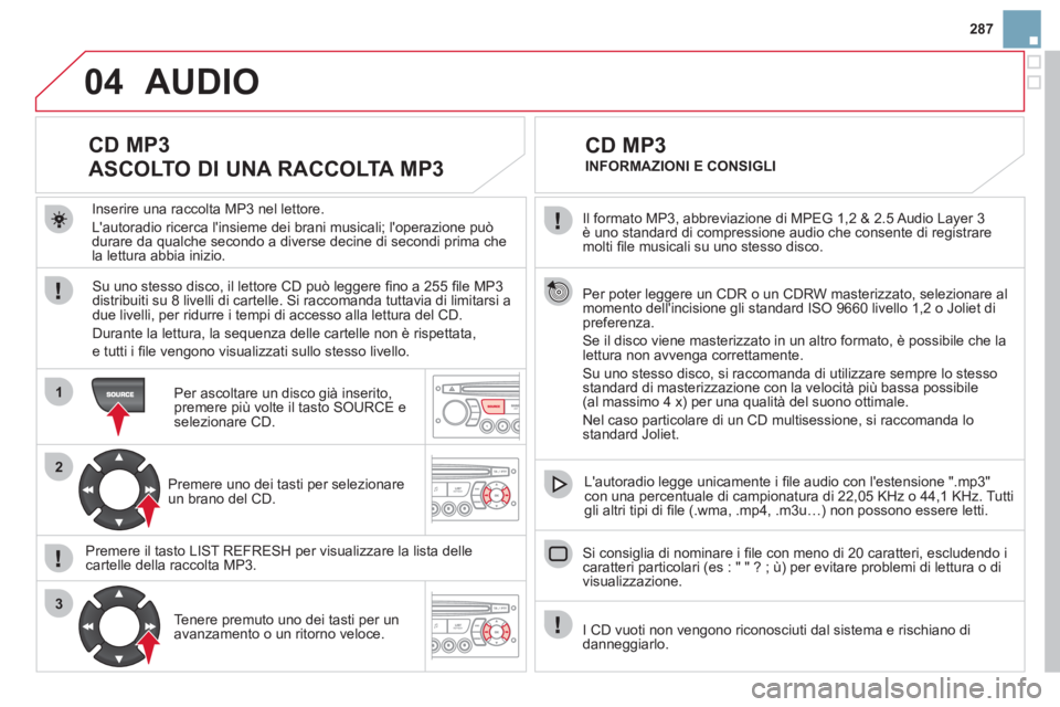 CITROEN DS3 2011 Libretti Di Uso E manutenzione (in Italian) 04
1
2
3
287
Il formato MP3, abbreviazione di MPEG 1,2 & 2.5 Audio Layer 3
è uno standard di compressione audio che consente di registrare
molti fi le musicali su uno stesso disco.
Per p CITROEN DS3 2011 Libretti Di Uso E manutenzione (in Italian) 04
1
2
3
287
Il formato MP3, abbreviazione di MPEG 1,2 & 2.5 Audio Layer 3
è uno standard di compressione audio che consente di registrare
molti fi le musicali su uno stesso disco.
Per p