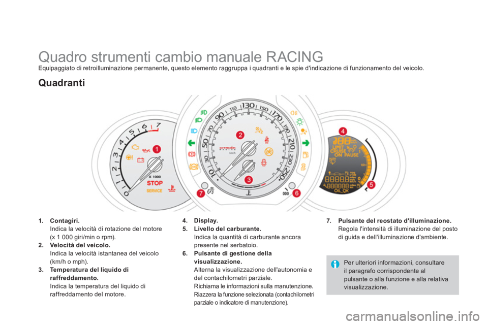 CITROEN DS3 2011 Libretti Di Uso E manutenzione (in Italian)
Quadro strumenti cambio manuale RACING
Equipaggiato di retroilluminazione permanente, questo elemento raggruppa i quadranti e le spie dindicazione di funzionamento CITROEN DS3 2011 Libretti Di Uso E manutenzione (in Italian)
Quadro strumenti cambio manuale RACING
Equipaggiato di retroilluminazione permanente, questo elemento raggruppa i quadranti e le spie dindicazione di funzionamento
