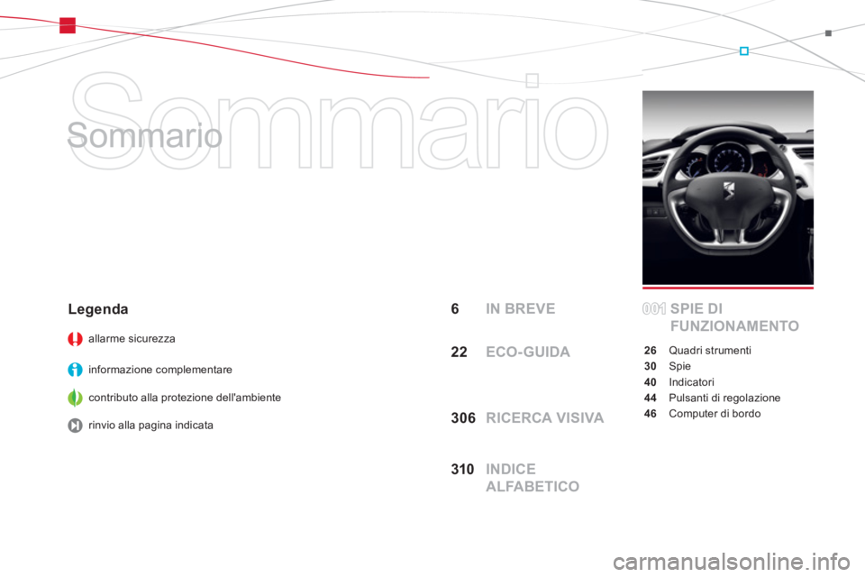 CITROEN DS3 2011  Libretti Di Uso E manutenzione (in Italian)   Sommario 
   
Sommario  
6  IN BREVE SPIE DI 
FUNZIONAMENTO
26 Quadri strumenti
30 Spie
40 Indicatori
44  Pulsanti di regolazione
46  Computer di bordo
 
Legenda 
 
 
allarme sicurezza  
   
informa