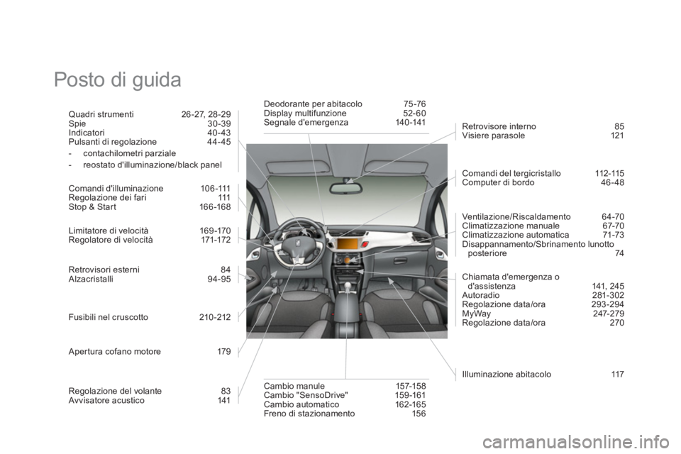 CITROEN DS3 2011  Libretti Di Uso E manutenzione (in Italian)   Posto di guida  
 
 
Quadri strumenti  26 -27, 28 -29 
  Spie 30-39 
  Indicatori 40- 43 
  Pulsanti di regolazione  44- 45 
   
 
-  contachilometri parziale 
   
-   reostato dilluminazione/black