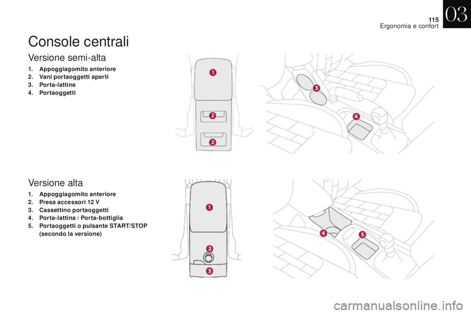 CITROEN DS4 2017  Libretti Di Uso E manutenzione (in Italian) 11 5
DS4_it_Chap03_ergonomie-et-confort_ed01-2016
Versione semi-alta
1. Appoggiagomito anteriore
2. Vani portaoggetti aperti
3.
 P

orta-lattine
4.
 P

ortaoggetti
Versione alta
1. Appoggiagomito ante