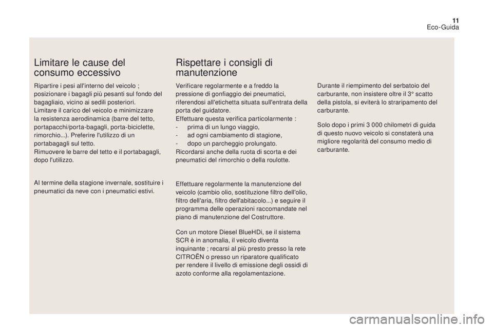 CITROEN DS4 2017 Libretti Di Uso E manutenzione (in Italian) 11
DS4_it_Chap00c_eco-conduite_ed01-2016
Limitare le cause del
consumo eccessivo
Ripartire i pesi all'interno del veicolo ;
posizionare i bagagli più pesanti sul fondo del
bagagliaio, vicino a CITROEN DS4 2017 Libretti Di Uso E manutenzione (in Italian) 11
DS4_it_Chap00c_eco-conduite_ed01-2016
Limitare le cause del
consumo eccessivo
Ripartire i pesi all'interno del veicolo ;
posizionare i bagagli più pesanti sul fondo del
bagagliaio, vicino a