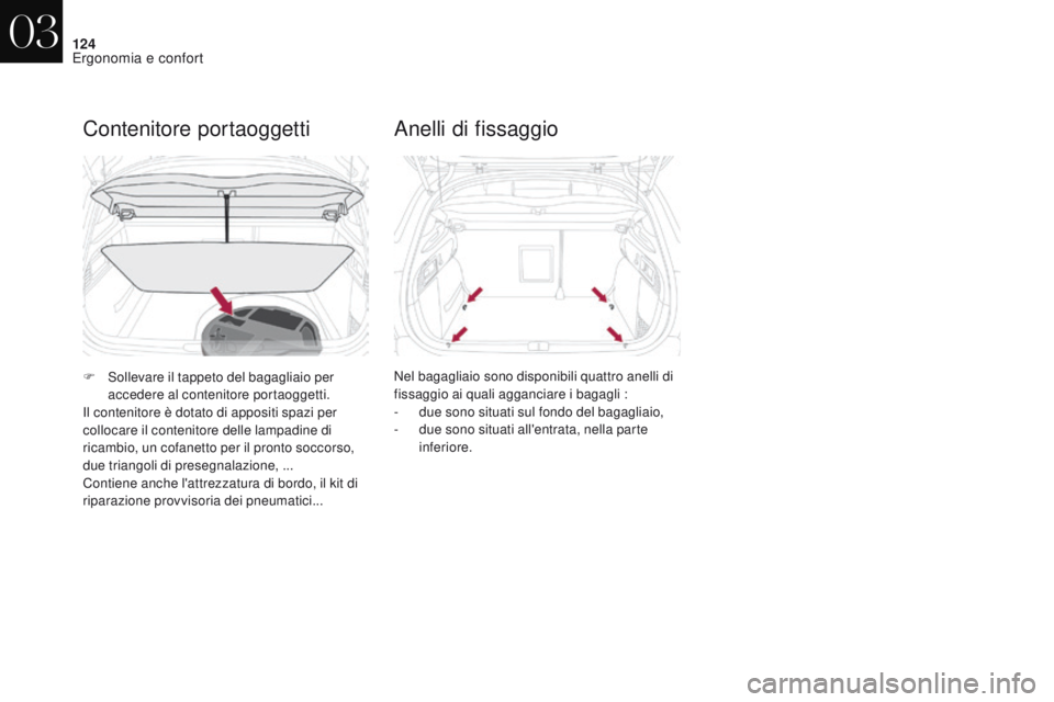 CITROEN DS4 2017  Libretti Di Uso E manutenzione (in Italian) 124
DS4_it_Chap03_ergonomie-et-confort_ed01-2016
Contenitore portaoggetti
F Sollevare il tappeto del bagagliaio per accedere al contenitore portaoggetti.
Il contenitore è dotato di appositi spazi per