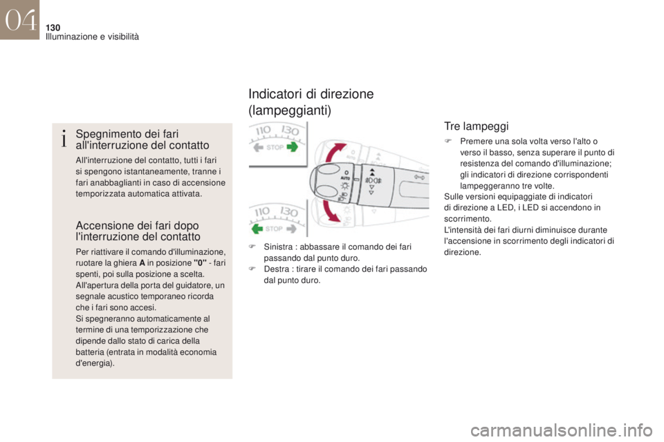 CITROEN DS4 2017 Libretti Di Uso E manutenzione (in Italian) 130
DS4_it_Chap04_eclairage-et-visibilite_ed01-2016
Spegnimento dei fari
all'interruzione del contatto
All'interruzione del contatto, tutti i fari
si spengono istantaneamente, tranne i
fari CITROEN DS4 2017 Libretti Di Uso E manutenzione (in Italian) 130
DS4_it_Chap04_eclairage-et-visibilite_ed01-2016
Spegnimento dei fari
all'interruzione del contatto
All'interruzione del contatto, tutti i fari
si spengono istantaneamente, tranne i
fari