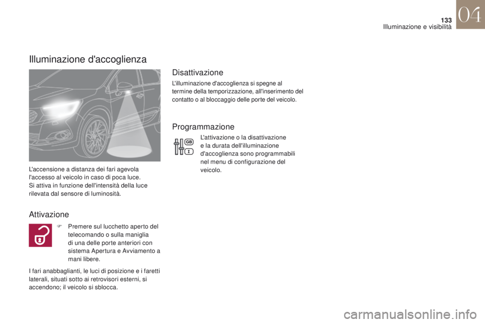CITROEN DS4 2017 Libretti Di Uso E manutenzione (in Italian) 133
DS4_it_Chap04_eclairage-et-visibilite_ed01-2016
Illuminazione d'accoglienza
L'accensione a distanza dei fari agevola
l'accesso al veicolo in caso di poca luce.
Si attiva in funzione CITROEN DS4 2017 Libretti Di Uso E manutenzione (in Italian) 133
DS4_it_Chap04_eclairage-et-visibilite_ed01-2016
Illuminazione d'accoglienza
L'accensione a distanza dei fari agevola
l'accesso al veicolo in caso di poca luce.
Si attiva in funzione