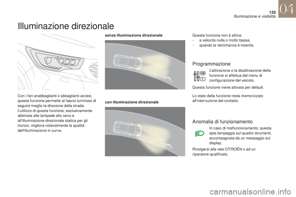 CITROEN DS4 2017 Libretti Di Uso E manutenzione (in Italian) 135
DS4_it_Chap04_eclairage-et-visibilite_ed01-2016
Illuminazione direzionale
Con i fari anabbaglianti o abbaglianti accesi,
questa funzione permette al fascio luminoso di
seguire meglio la direzion CITROEN DS4 2017 Libretti Di Uso E manutenzione (in Italian) 135
DS4_it_Chap04_eclairage-et-visibilite_ed01-2016
Illuminazione direzionale
Con i fari anabbaglianti o abbaglianti accesi,
questa funzione permette al fascio luminoso di
seguire meglio la direzion