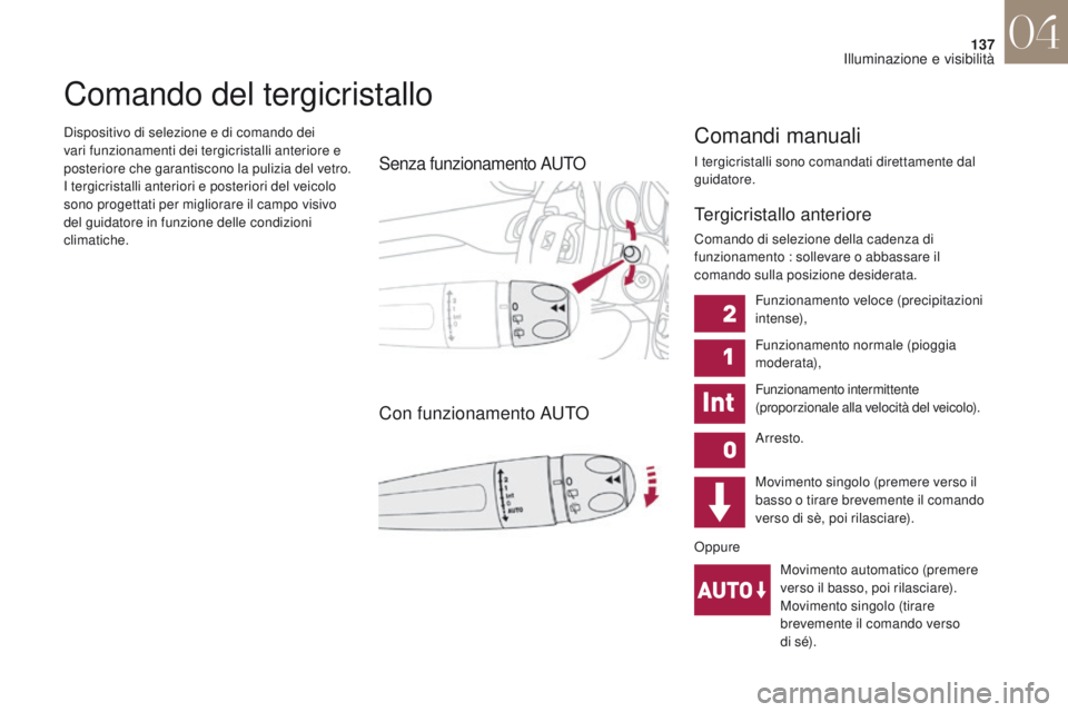 CITROEN DS4 2017 Libretti Di Uso E manutenzione (in Italian) 137
DS4_it_Chap04_eclairage-et-visibilite_ed01-2016
Dispositivo di selezione e di comando dei
vari funzionamenti dei tergicristalli anteriore e
posteriore che garantiscono la pulizia del vetro.
I te CITROEN DS4 2017 Libretti Di Uso E manutenzione (in Italian) 137
DS4_it_Chap04_eclairage-et-visibilite_ed01-2016
Dispositivo di selezione e di comando dei
vari funzionamenti dei tergicristalli anteriore e
posteriore che garantiscono la pulizia del vetro.
I te