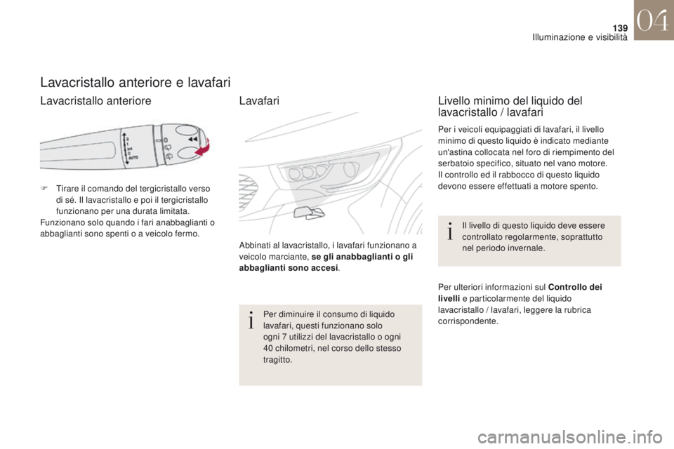 CITROEN DS4 2017 Libretti Di Uso E manutenzione (in Italian) 139
DS4_it_Chap04_eclairage-et-visibilite_ed01-2016
Lavacristallo anteriore e lavafari
F Tirare il comando del tergicristallo verso di sé. Il lavacristallo e poi il tergicristallo
funzionano per una CITROEN DS4 2017 Libretti Di Uso E manutenzione (in Italian) 139
DS4_it_Chap04_eclairage-et-visibilite_ed01-2016
Lavacristallo anteriore e lavafari
F Tirare il comando del tergicristallo verso di sé. Il lavacristallo e poi il tergicristallo
funzionano per una