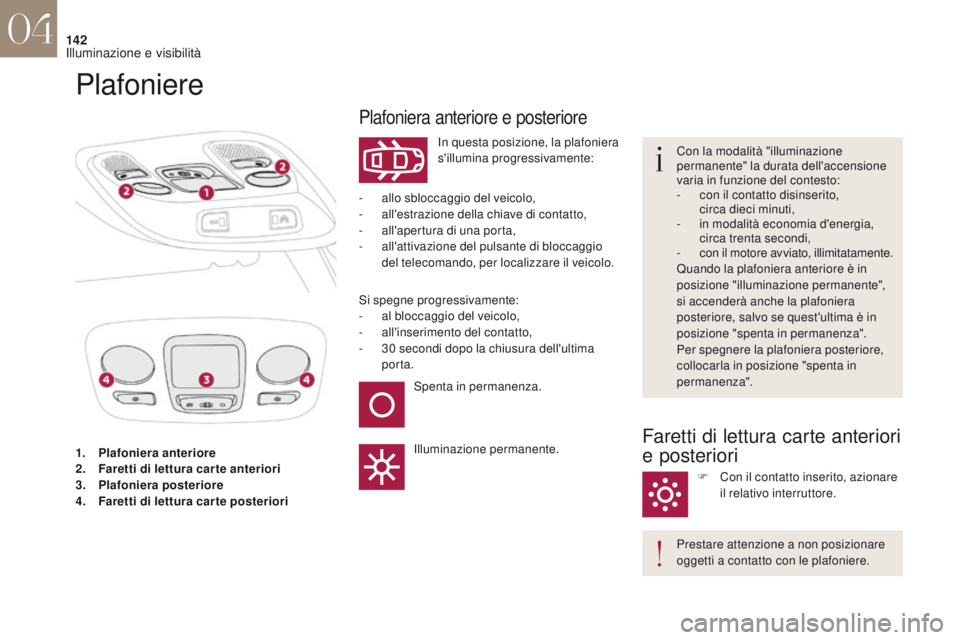 CITROEN DS4 2017 Libretti Di Uso E manutenzione (in Italian) 142
DS4_it_Chap04_eclairage-et-visibilite_ed01-2016
1. Plafoniera anteriore
2. Faretti di lettura car te anteriori
3.
P
lafoniera posteriore
4.
F
aretti di lettura car te posteriori
Plafoniere
In CITROEN DS4 2017 Libretti Di Uso E manutenzione (in Italian) 142
DS4_it_Chap04_eclairage-et-visibilite_ed01-2016
1. Plafoniera anteriore
2. Faretti di lettura car te anteriori
3.
P
lafoniera posteriore
4.
F
aretti di lettura car te posteriori
Plafoniere
In