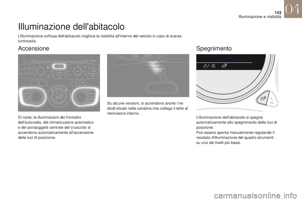 CITROEN DS4 2017 Libretti Di Uso E manutenzione (in Italian) 143
DS4_it_Chap04_eclairage-et-visibilite_ed01-2016
Illuminazione dell'abitacolo
Di notte, le illuminazioni dei frontalini
dell'autoradio, del climatizzatore automatico
e del portaoggetti ce CITROEN DS4 2017 Libretti Di Uso E manutenzione (in Italian) 143
DS4_it_Chap04_eclairage-et-visibilite_ed01-2016
Illuminazione dell'abitacolo
Di notte, le illuminazioni dei frontalini
dell'autoradio, del climatizzatore automatico
e del portaoggetti ce
