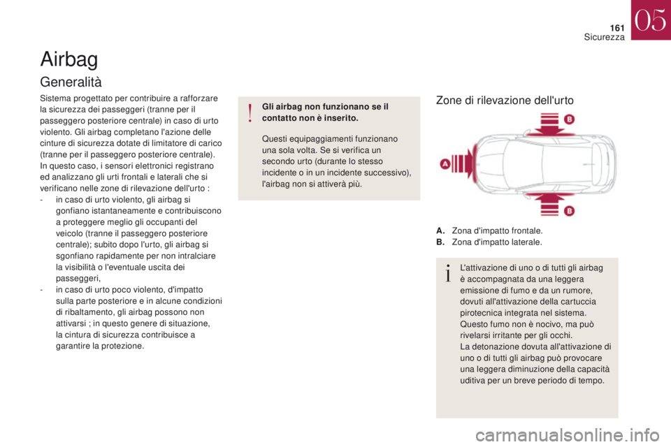 CITROEN DS4 2017 Libretti Di Uso E manutenzione (in Italian) 161
DS4_it_Chap05_securite_ed01-2016
DS4_it_Chap05_securite_ed01-2016
Airbag
Generalità
Sistema progettato per contribuire a rafforzare
la sicurezza dei passeggeri (tranne per il
passeggero posteri CITROEN DS4 2017 Libretti Di Uso E manutenzione (in Italian) 161
DS4_it_Chap05_securite_ed01-2016
DS4_it_Chap05_securite_ed01-2016
Airbag
Generalità
Sistema progettato per contribuire a rafforzare
la sicurezza dei passeggeri (tranne per il
passeggero posteri