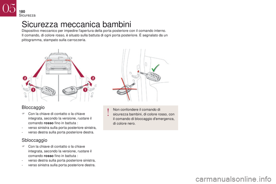 CITROEN DS4 2017 Libretti Di Uso E manutenzione (in Italian) 180
Sicurezza meccanica bambiniDispositivo meccanico per impedire l'apertura della porta posteriore con il comando interno.
Il comando, di colore rosso, è situato sulla battuta di ogni porta post CITROEN DS4 2017 Libretti Di Uso E manutenzione (in Italian) 180
Sicurezza meccanica bambiniDispositivo meccanico per impedire l'apertura della porta posteriore con il comando interno.
Il comando, di colore rosso, è situato sulla battuta di ogni porta post