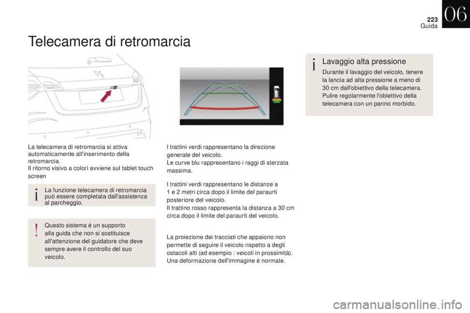 CITROEN DS4 2017 Libretti Di Uso E manutenzione (in Italian) 223
DS4_it_Chap06_conduite_ed01-2016
Telecamera di retromarcia
La telecamera di retromarcia si attiva
automaticamente all'inserimento della
retromarcia.
Il ritorno visivo a colori avviene sul ta CITROEN DS4 2017 Libretti Di Uso E manutenzione (in Italian) 223
DS4_it_Chap06_conduite_ed01-2016
Telecamera di retromarcia
La telecamera di retromarcia si attiva
automaticamente all'inserimento della
retromarcia.
Il ritorno visivo a colori avviene sul ta