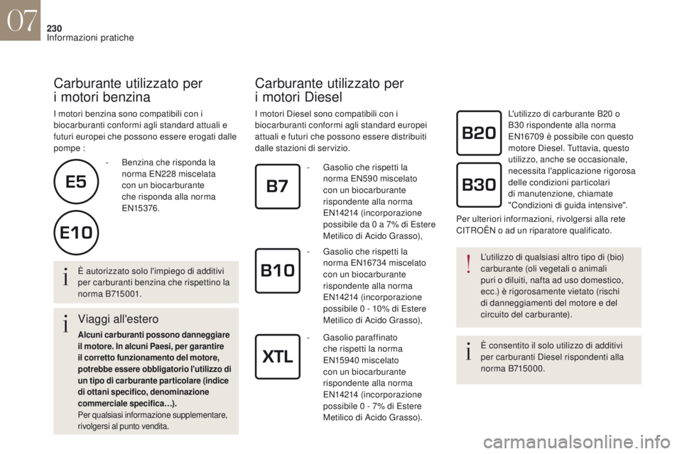 CITROEN DS4 2017 Libretti Di Uso E manutenzione (in Italian) 230
Carburante utilizzato per
i motori benzina
I motori benzina sono compatibili con i
biocarburanti conformi agli standard attuali e
futuri europei che possono essere erogati dalle
pompe :
Carbu CITROEN DS4 2017 Libretti Di Uso E manutenzione (in Italian) 230
Carburante utilizzato per
i motori benzina
I motori benzina sono compatibili con i
biocarburanti conformi agli standard attuali e
futuri europei che possono essere erogati dalle
pompe :
Carbu