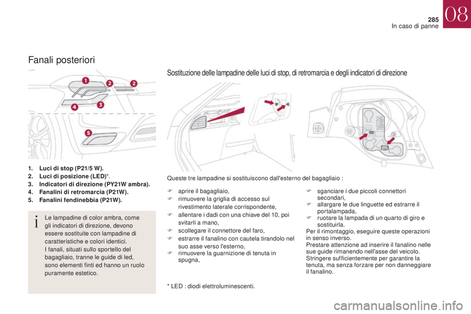 CITROEN DS4 2017 Libretti Di Uso E manutenzione (in Italian) 285
DS4_it_Chap08_en-cas-de-panne_ed01-2016
1. Luci di stop (P21/5 W).
2. L uci di posizione (LED)*.
3.
I
ndicatori di direzione (PY21W ambra).
4.
F
analini di retromarcia (P21W).
5.
F
analini CITROEN DS4 2017 Libretti Di Uso E manutenzione (in Italian) 285
DS4_it_Chap08_en-cas-de-panne_ed01-2016
1. Luci di stop (P21/5 W).
2. L uci di posizione (LED)*.
3.
I
ndicatori di direzione (PY21W ambra).
4.
F
analini di retromarcia (P21W).
5.
F
analini