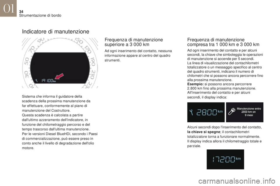 CITROEN DS4 2017  Libretti Di Uso E manutenzione (in Italian) 34
DS4_it_Chap01_instruments-de-bord_ed01-2016
Sistema che informa il guidatore della 
scadenza della prossima manutenzione da 
far effettuare, conformemente al piano di 
manutenzione del Costruttore.