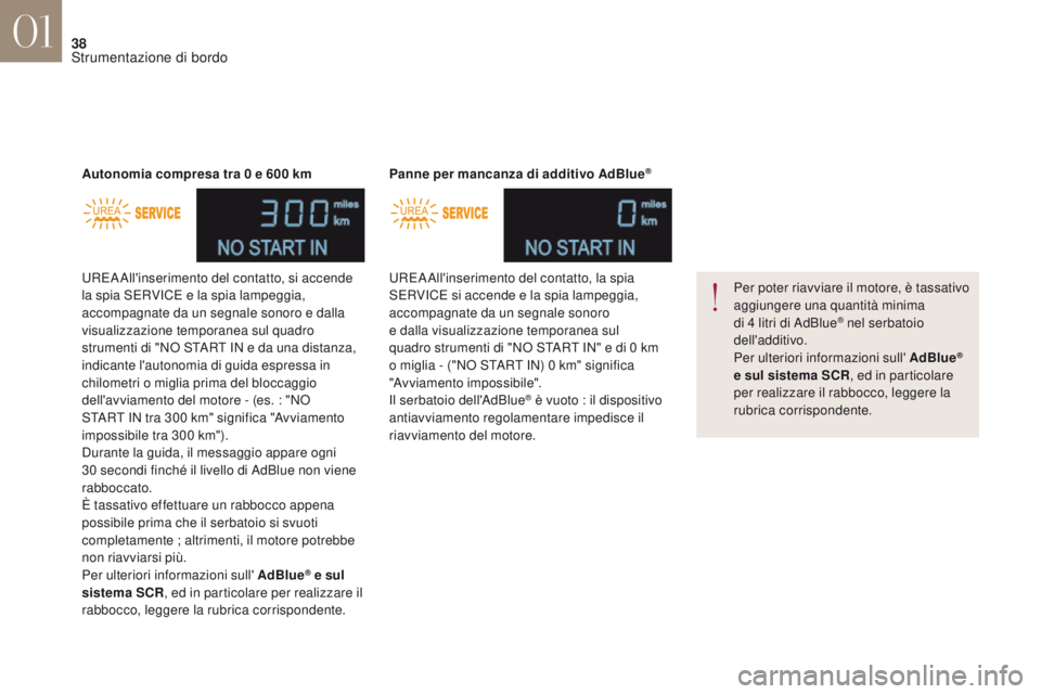 CITROEN DS4 2017 Libretti Di Uso E manutenzione (in Italian) 38
DS4_it_Chap01_instruments-de-bord_ed01-2016
UREA All'inserimento del contatto, si accende
la spia SERVICE e la spia lampeggia,
accompagnate da un segnale sonoro e dalla
visualizzazione tempo CITROEN DS4 2017 Libretti Di Uso E manutenzione (in Italian) 38
DS4_it_Chap01_instruments-de-bord_ed01-2016
UREA All'inserimento del contatto, si accende
la spia SERVICE e la spia lampeggia,
accompagnate da un segnale sonoro e dalla
visualizzazione tempo