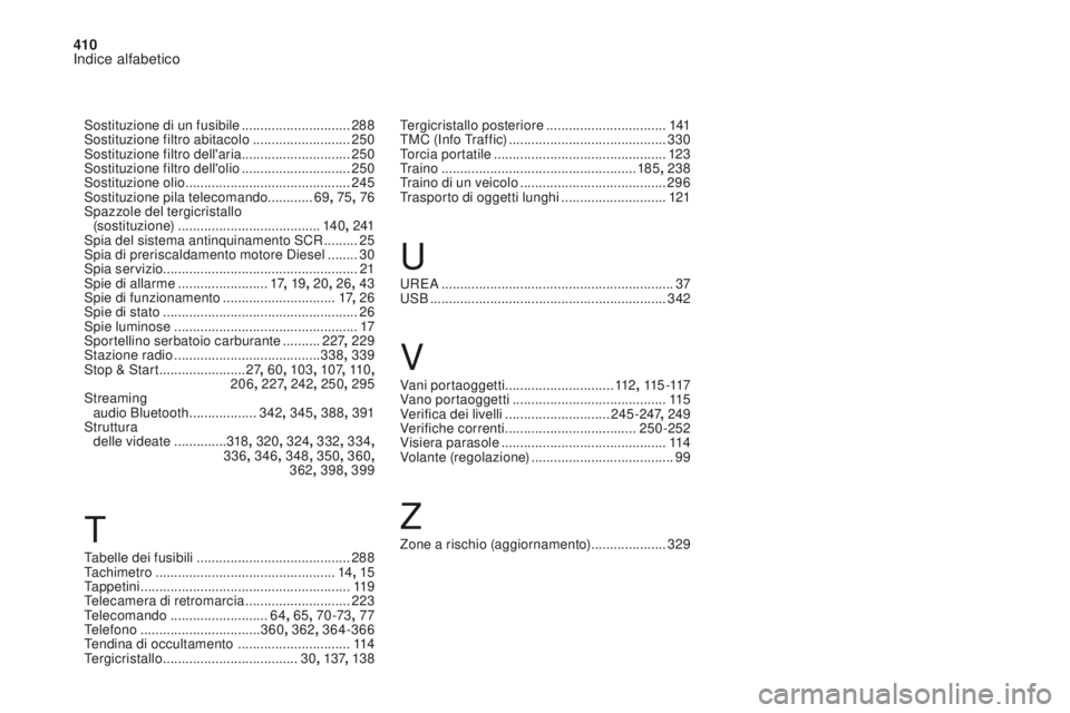 CITROEN DS4 2017  Libretti Di Uso E manutenzione (in Italian) 410
Indice alfabetico
DS4_it_Chap11_index-alpha_ed01-2016
Tabelle dei fusibili ......................................... 288
Tachimetro  ................................................ 14, 15
Tappeti