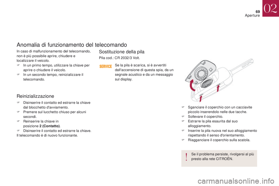 CITROEN DS4 2017 Libretti Di Uso E manutenzione (in Italian) 69
DS4_it_Chap02_ouvertures_ed01-2016
In caso di malfunzionamento del telecomando,
non è più possibile aprire, chiudere e
localizzare il veicolo.
F
I
n un primo tempo, utilizzare la chiave per
CITROEN DS4 2017 Libretti Di Uso E manutenzione (in Italian) 69
DS4_it_Chap02_ouvertures_ed01-2016
In caso di malfunzionamento del telecomando,
non è più possibile aprire, chiudere e
localizzare il veicolo.
F
I
n un primo tempo, utilizzare la chiave per