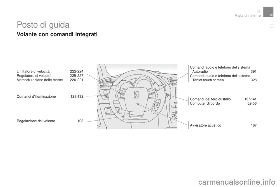 CITROEN DS4 2015 Libretti Di Uso E manutenzione (in Italian) 11
DS4_it_Chap00b_vue-ensemble_ed02-2015
Posto di guida
Volante con comandi integrati
Limitatore di velocità 222-224
Regolatore di velocità 2 25-227
Memorizzazione delle marce
2
20 -221
Comandi d CITROEN DS4 2015 Libretti Di Uso E manutenzione (in Italian) 11
DS4_it_Chap00b_vue-ensemble_ed02-2015
Posto di guida
Volante con comandi integrati
Limitatore di velocità 222-224
Regolatore di velocità 2 25-227
Memorizzazione delle marce
2
20 -221
Comandi d