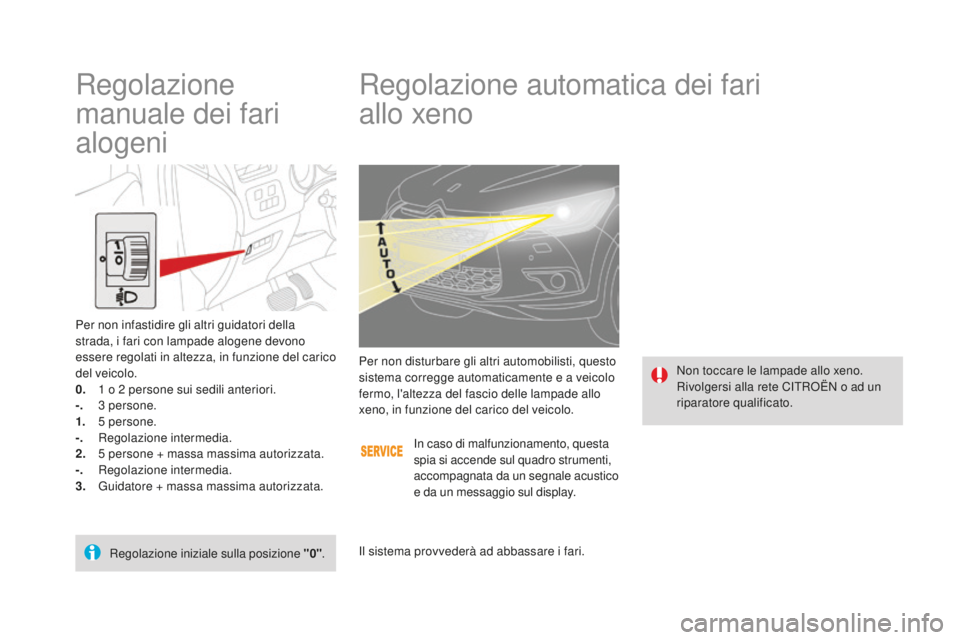 CITROEN DS4 2015 Libretti Di Uso E manutenzione (in Italian) DS4_it_Chap05_visibilite_ed02-2015
Regolazione automatica dei fari
allo xeno
Non toccare le lampade allo xeno.
Rivolgersi alla rete CITROËN o ad un
riparatore qualificato.
Per non disturbare gli al CITROEN DS4 2015 Libretti Di Uso E manutenzione (in Italian) DS4_it_Chap05_visibilite_ed02-2015
Regolazione automatica dei fari
allo xeno
Non toccare le lampade allo xeno.
Rivolgersi alla rete CITROËN o ad un
riparatore qualificato.
Per non disturbare gli al