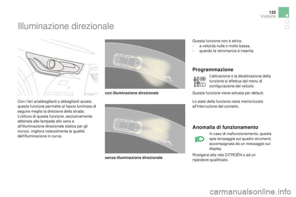CITROEN DS4 2015 Libretti Di Uso E manutenzione (in Italian) 135
DS4_it_Chap05_visibilite_ed02-2015
Illuminazione direzionale
Con i fari anabbaglianti o abbaglianti accesi,
questa funzione permette al fascio luminoso di
seguire meglio la direzione della strad CITROEN DS4 2015 Libretti Di Uso E manutenzione (in Italian) 135
DS4_it_Chap05_visibilite_ed02-2015
Illuminazione direzionale
Con i fari anabbaglianti o abbaglianti accesi,
questa funzione permette al fascio luminoso di
seguire meglio la direzione della strad