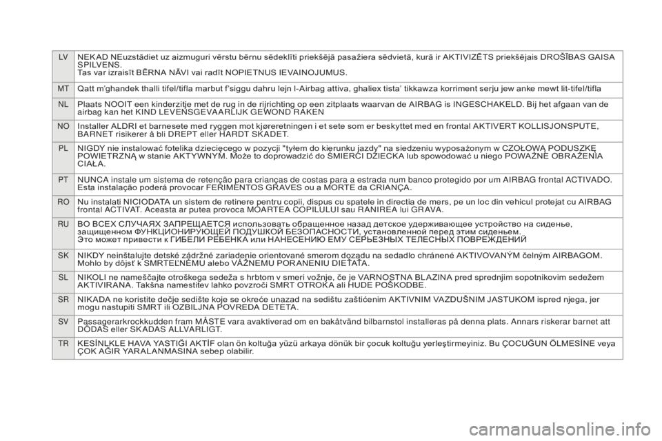 CITROEN DS4 2015 Libretti Di Uso E manutenzione (in Italian) LVNEK AD NEuzstādiet uz aizmuguri vērstu bērnu sēdeklīti priekšējā pasažiera sēdvietā, kurā ir AKTIVIZĒTS priekšējais DROŠĪBAS GAISA
S P I LV E N S .
Tas var izraisīt BĒRNA NĀVI v CITROEN DS4 2015 Libretti Di Uso E manutenzione (in Italian) LVNEK AD NEuzstādiet uz aizmuguri vērstu bērnu sēdeklīti priekšējā pasažiera sēdvietā, kurā ir AKTIVIZĒTS priekšējais DROŠĪBAS GAISA
S P I LV E N S .
Tas var izraisīt BĒRNA NĀVI v