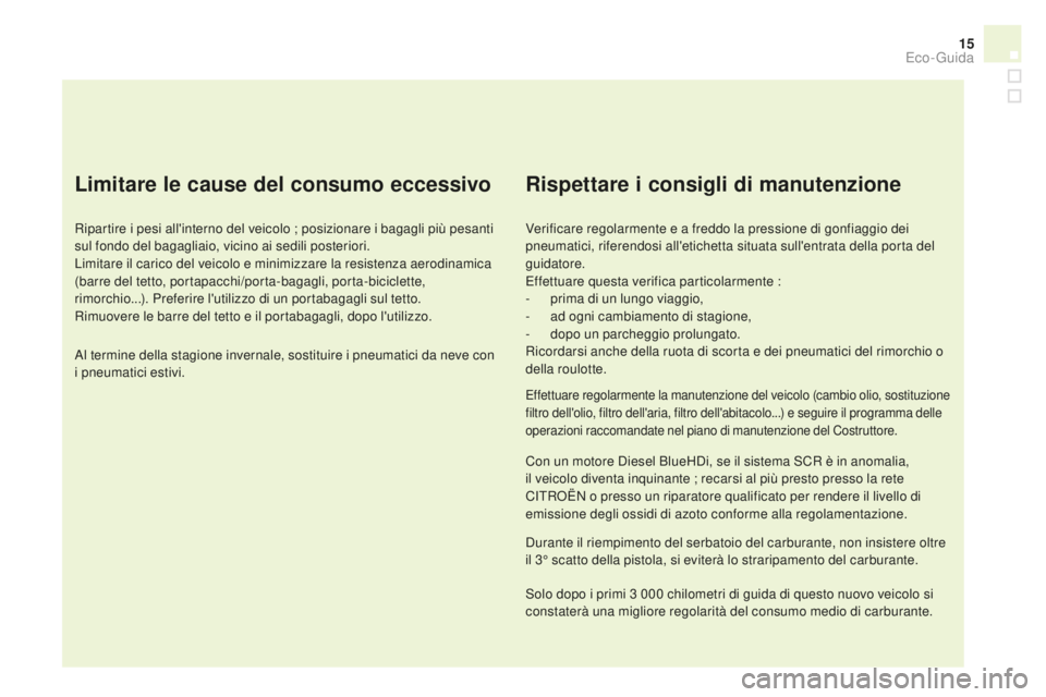 CITROEN DS4 2015 Libretti Di Uso E manutenzione (in Italian) 15
DS4_it_Chap00c_eco-conduite_ed02-2015
Limitare le cause del consumo eccessivo
Ripartire i pesi all'interno del veicolo ; posizionare i bagagli più pesanti
sul fondo del bagagliaio, vicino ai CITROEN DS4 2015 Libretti Di Uso E manutenzione (in Italian) 15
DS4_it_Chap00c_eco-conduite_ed02-2015
Limitare le cause del consumo eccessivo
Ripartire i pesi all'interno del veicolo ; posizionare i bagagli più pesanti
sul fondo del bagagliaio, vicino ai