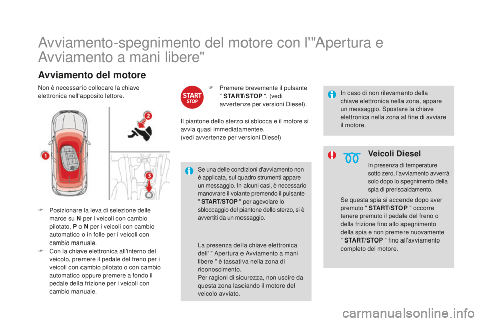 CITROEN DS4 2015  Libretti Di Uso E manutenzione (in Italian) DS4_it_Chap08_conduite_ed02-2015
Avviamento-spegnimento del motore con l'"Apertura e 
Avviamento a mani libere"
Avviamento del motore
F Posizionare la leva di selezione delle marce su N pe