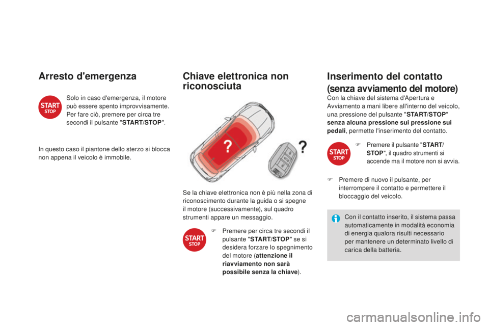 CITROEN DS4 2015 Libretti Di Uso E manutenzione (in Italian) DS4_it_Chap08_conduite_ed02-2015
Arresto d'emergenza
Solo in caso d'emergenza, il motore
può essere spento improvvisamente.
Per fare ciò, premere per circa tre
secondi il pulsante "ST CITROEN DS4 2015 Libretti Di Uso E manutenzione (in Italian) DS4_it_Chap08_conduite_ed02-2015
Arresto d'emergenza
Solo in caso d'emergenza, il motore
può essere spento improvvisamente.
Per fare ciò, premere per circa tre
secondi il pulsante "ST