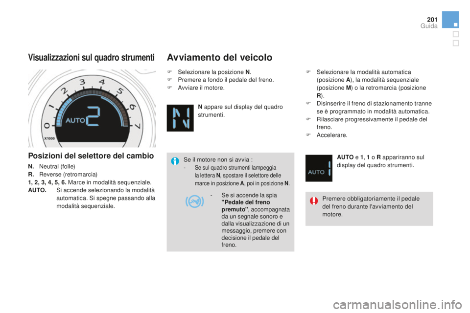 CITROEN DS4 2015  Libretti Di Uso E manutenzione (in Italian) 201
DS4_it_Chap08_conduite_ed02-2015
Posizioni del selettore del cambio
N.   Neutral (folle)
R.  
 R everse (retromarcia)
1, 2, 3, 4, 5, 6. 
 
M
 arce in modalità sequenziale.
AUTO.  
   
S
 i accend