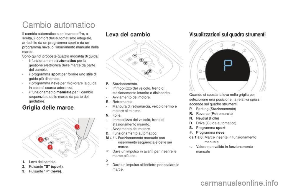 CITROEN DS4 2015  Libretti Di Uso E manutenzione (in Italian) DS4_it_Chap08_conduite_ed02-2015
Cambio automatico
griglia delle marce
Il cambio automatico a sei marce offre, a 
scelta, il confort dell'automatismo integrale, 
arricchito da un programma sport e