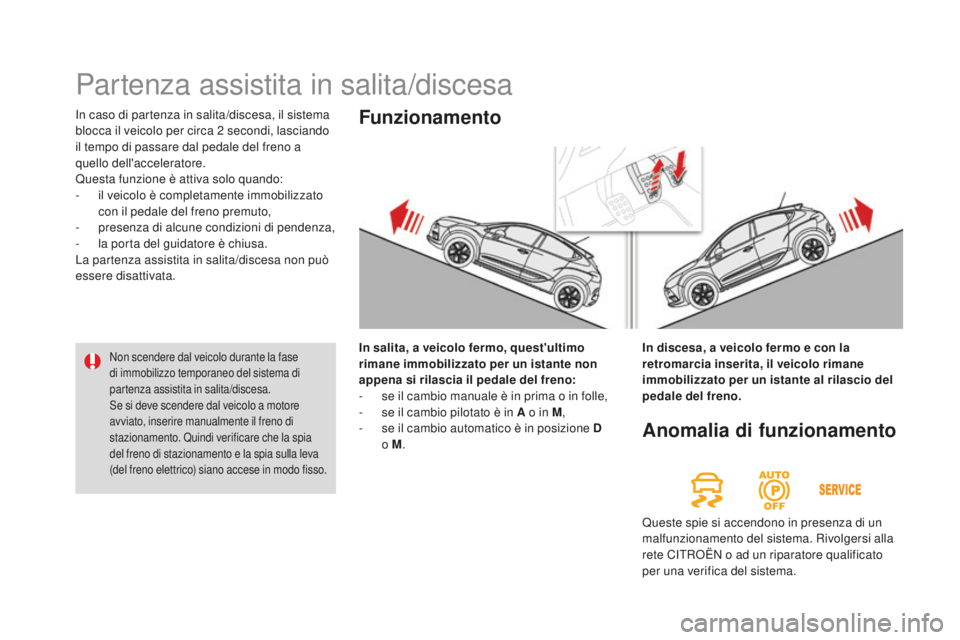 CITROEN DS4 2015  Libretti Di Uso E manutenzione (in Italian) DS4_it_Chap08_conduite_ed02-2015
In caso di partenza in salita/discesa, il sistema 
blocca il veicolo per circa 2  secondi, lasciando 
il tempo di passare dal pedale del freno a 
quello dell'accel