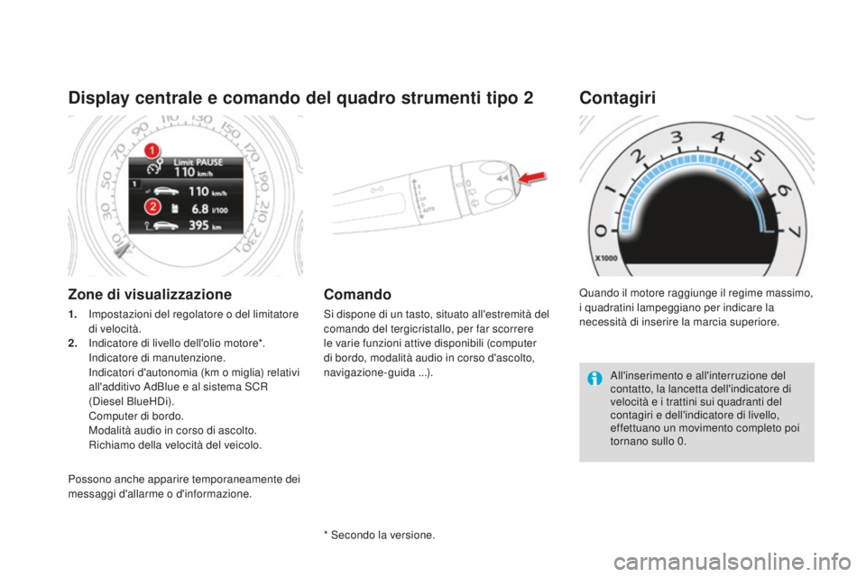 CITROEN DS4 2015 Libretti Di Uso E manutenzione (in Italian) DS4_it_Chap01_controle-de-marche_ed02-2015
display centrale e comando del quadro strumenti tipo 2
Zone di visualizzazione
1. Impostazioni del regolatore o del limitatore di velocità.
2.
I
ndicatore CITROEN DS4 2015 Libretti Di Uso E manutenzione (in Italian) DS4_it_Chap01_controle-de-marche_ed02-2015
display centrale e comando del quadro strumenti tipo 2
Zone di visualizzazione
1. Impostazioni del regolatore o del limitatore di velocità.
2.
I
ndicatore