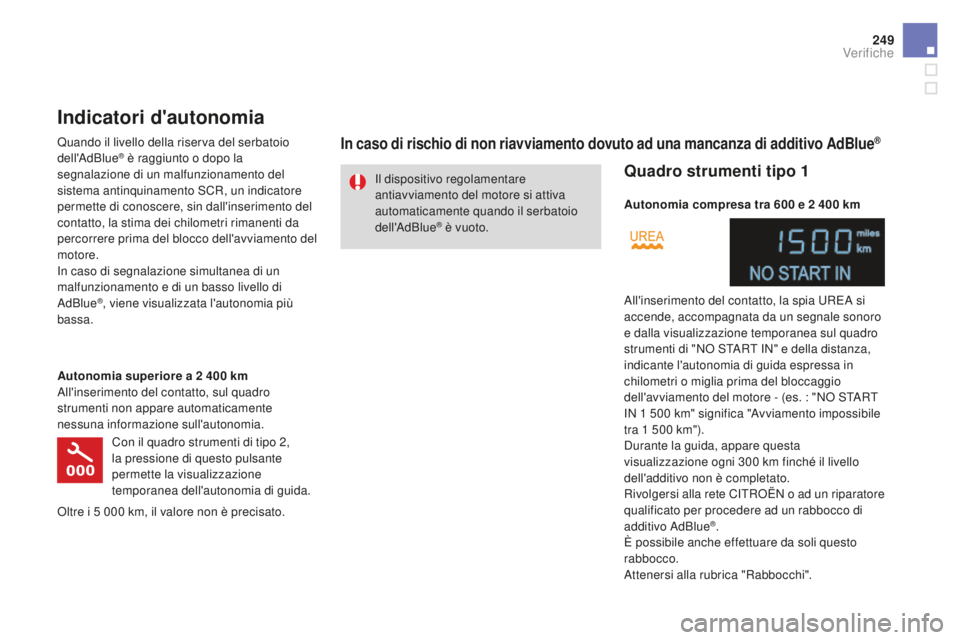 CITROEN DS4 2015 Libretti Di Uso E manutenzione (in Italian) 249
DS4_it_Chap09_verifications_ed02-2015
Il dispositivo regolamentare
antiavviamento del motore si attiva
automaticamente quando il serbatoio
dell'AdBlue
® è vuoto.
Indicatori d'autonomi CITROEN DS4 2015 Libretti Di Uso E manutenzione (in Italian) 249
DS4_it_Chap09_verifications_ed02-2015
Il dispositivo regolamentare
antiavviamento del motore si attiva
automaticamente quando il serbatoio
dell'AdBlue
® è vuoto.
Indicatori d'autonomi