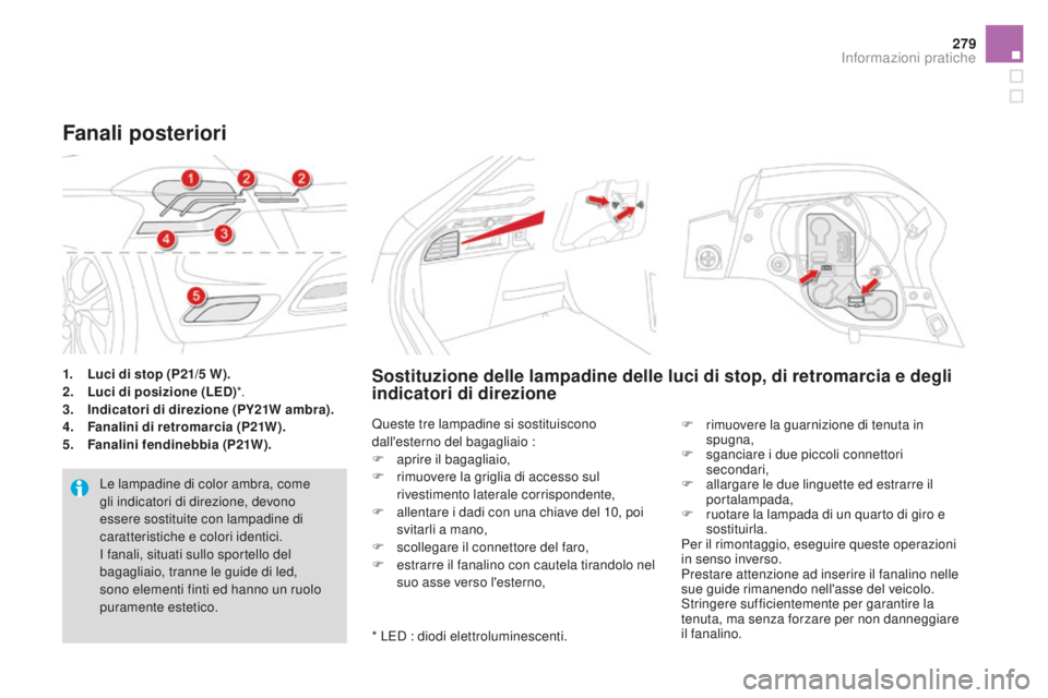 CITROEN DS4 2015 Libretti Di Uso E manutenzione (in Italian) 279
DS4_it_Chap10_info-pratiques_ed02-2015
1. Luci di stop (P21/5 W).
2. L uci di posizione (LEd
)*.
3.
I
ndicatori di direzione (PY21W ambra).
4.
F
analini di retromarcia (P21W).
5.
F
analini CITROEN DS4 2015 Libretti Di Uso E manutenzione (in Italian) 279
DS4_it_Chap10_info-pratiques_ed02-2015
1. Luci di stop (P21/5 W).
2. L uci di posizione (LEd
)*.
3.
I
ndicatori di direzione (PY21W ambra).
4.
F
analini di retromarcia (P21W).
5.
F
analini