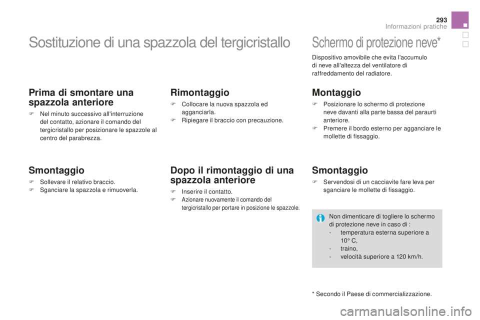 CITROEN DS4 2015 Libretti Di Uso E manutenzione (in Italian) 293
DS4_it_Chap10_info-pratiques_ed02-2015
Sostituzione di una spazzola del tergicristallo
Prima di smontare una
spazzola anteriore
F Nel minuto successivo all'interruzione del contatto, azionare CITROEN DS4 2015 Libretti Di Uso E manutenzione (in Italian) 293
DS4_it_Chap10_info-pratiques_ed02-2015
Sostituzione di una spazzola del tergicristallo
Prima di smontare una
spazzola anteriore
F Nel minuto successivo all'interruzione del contatto, azionare
