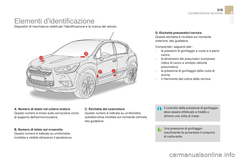 CITROEN DS4 2015  Libretti Di Uso E manutenzione (in Italian) 319
DS4_it_Chap11_caracteristiques_ed02-2015
Elementi d'identificazioneDispositivi di marchiatura visibili per l'identificazione e la ricerca del veicolo.
A. Numero di telaio nel cofano motore