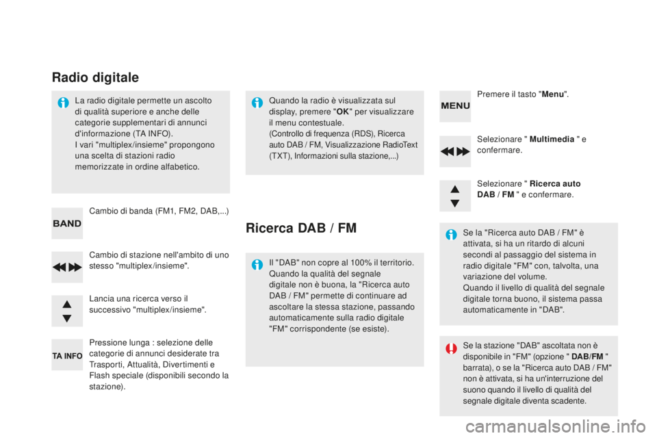 CITROEN DS4 2015 Libretti Di Uso E manutenzione (in Italian) DS4_it_Chap12d_RD5_ed02-2015
Selezionare " Multimedia " e
confermare.
Selezionare " Ricerca auto
dA
B / FM " e confermare.
Pressione lunga : selezione delle
categorie di annunc CITROEN DS4 2015 Libretti Di Uso E manutenzione (in Italian) DS4_it_Chap12d_RD5_ed02-2015
Selezionare " Multimedia " e
confermare.
Selezionare " Ricerca auto
dA
B / FM " e confermare.
Pressione lunga : selezione delle
categorie di annunc