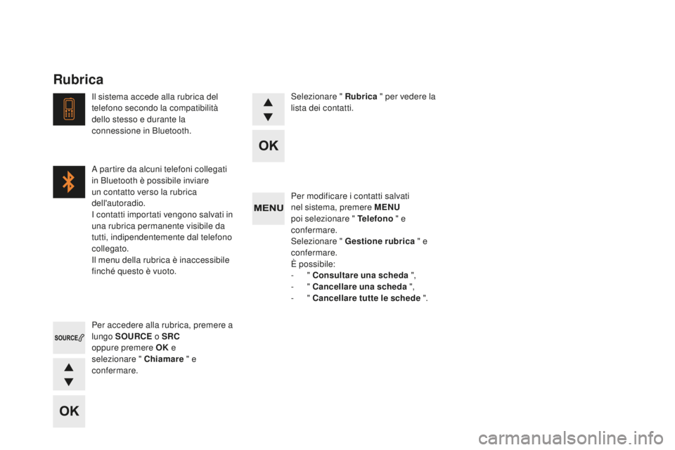CITROEN DS4 2015 Libretti Di Uso E manutenzione (in Italian) DS4_it_Chap12d_RD5_ed02-2015
Per modificare i contatti salvati
nel sistema, premere MENU
poi selezionare " Telefono " e
confermare.
Selezionare "
g
e
stione rubrica " e
conferma CITROEN DS4 2015 Libretti Di Uso E manutenzione (in Italian) DS4_it_Chap12d_RD5_ed02-2015
Per modificare i contatti salvati
nel sistema, premere MENU
poi selezionare " Telefono " e
confermare.
Selezionare "
g
e
stione rubrica " e
conferma