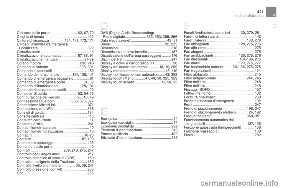 CITROEN DS4 2015 Libretti Di Uso E manutenzione (in Italian) 421
DS4_it_Chap13_index-alpha_ed02-2015
Chiusura delle porte............................62, 67, 79
Cinghia di tenuta ........................................... 12 2
Cinture di sicurezza
........ CITROEN DS4 2015 Libretti Di Uso E manutenzione (in Italian) 421
DS4_it_Chap13_index-alpha_ed02-2015
Chiusura delle porte............................62, 67, 79
Cinghia di tenuta ........................................... 12 2
Cinture di sicurezza
........