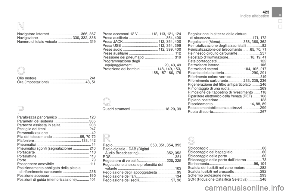 CITROEN DS4 2015 Libretti Di Uso E manutenzione (in Italian) 423
DS4_it_Chap13_index-alpha_ed02-2015
Navigatore Internet ...............................36 6, 367
Navigazione ................................. 33
0, 332 , 336
Numero di telaio veicolo
.......... CITROEN DS4 2015 Libretti Di Uso E manutenzione (in Italian) 423
DS4_it_Chap13_index-alpha_ed02-2015
Navigatore Internet ...............................36 6, 367
Navigazione ................................. 33
0, 332 , 336
Numero di telaio veicolo
..........